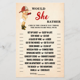 Would She Rather Baby Firefighter Shower Game Card Flyer