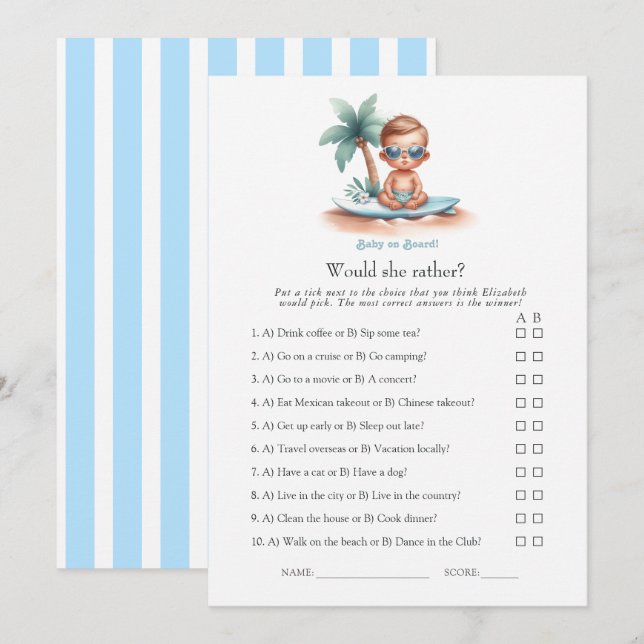 Would She Rather Baby on Board Baby Shower Game Invitation (Front/Back)