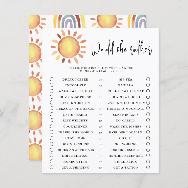 Would she rather - baby shower game (Front/Back)