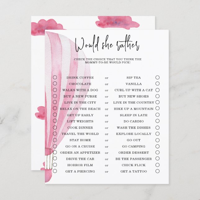 Would she rather - baby shower game (Front/Back)