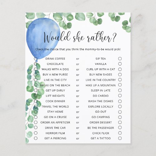 Would She Rather Baby Shower Game Blue Balloon