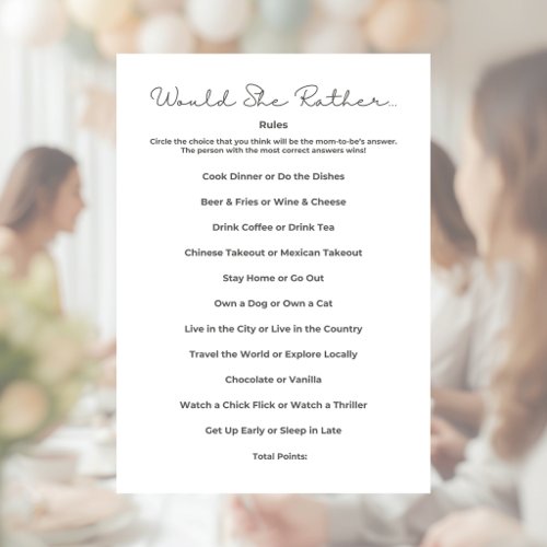 Would She Rather Baby Shower Game Letterhead