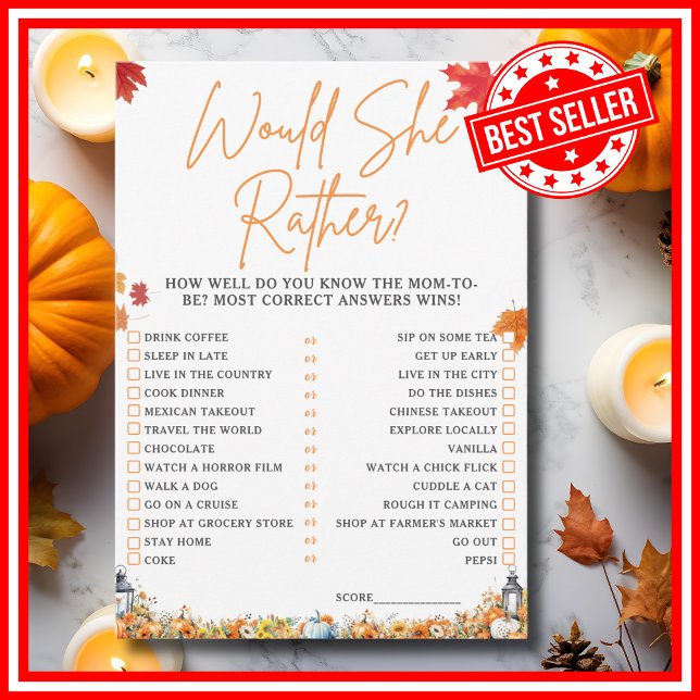 WOULD SHE RATHER Baby Shower Game LITTLE PUMPKIN Invitation (WOULD SHE RATHER Easy Baby Shower Game A Little Pumpkin is on the Way Fall Autumn Theme)