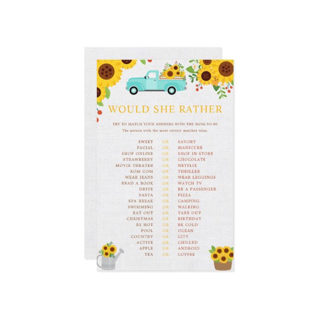 Would She Rather Baby Shower Game, Sunflower (Front/Back In Situ)