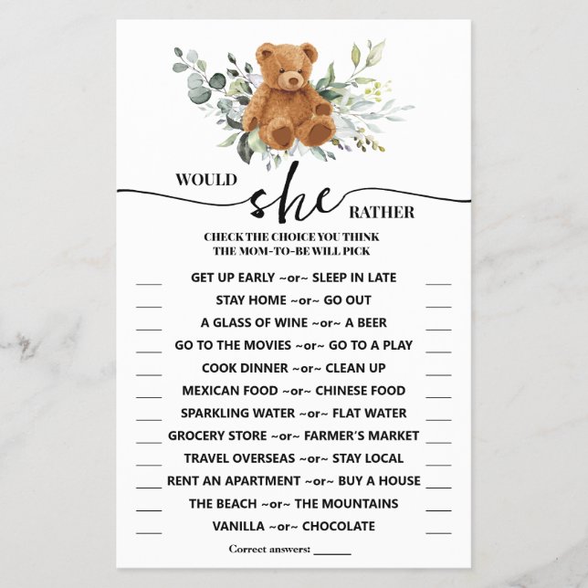Would She Rather Bear Greenery Shower Game Card Flyer (Front)