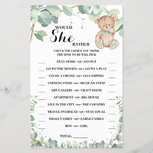 Would She Rather Bear Greenery Shower Game Card Flyer