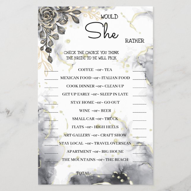 Would She Rather Black Rose BridalShower Game Card Flyer (Front)