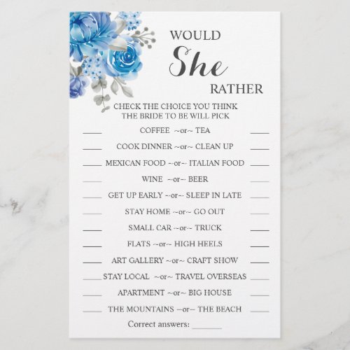 Would She Rather Blue Bridal Shower Game Card Flyer