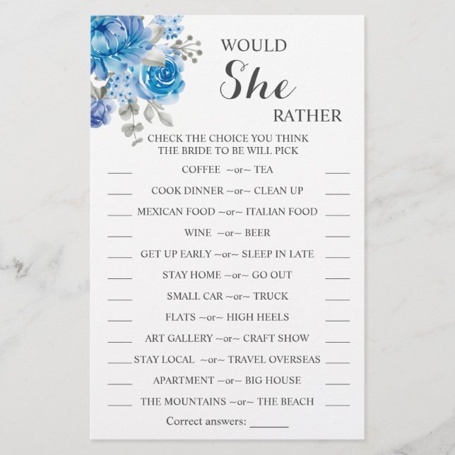Would She Rather Blue Bridal Shower Game Card Flyer (Front)