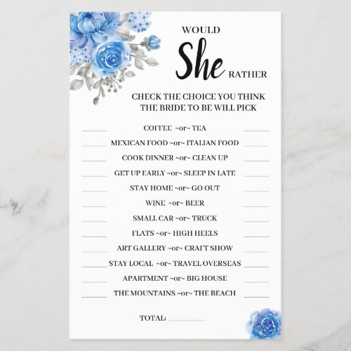 Would She Rather BlueFlower Bridal Shower GameCard Flyer