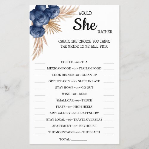 Would She Rather BlueFlower Bridal Shower GameCard Flyer