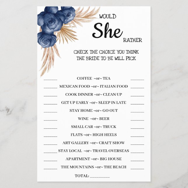 Would She Rather BlueFlower Bridal Shower GameCard Flyer (Front)