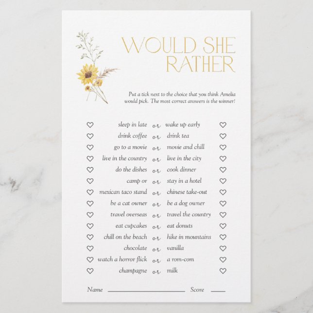 Would She Rather Boho Sunflower Bridal Shower Game (Front)