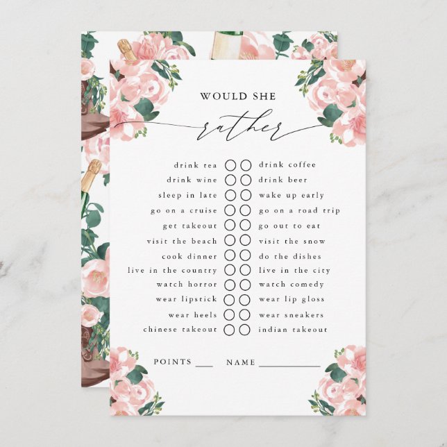 Would She Rather Boots & Bubbly Party Game Enclosure Card (Front/Back)