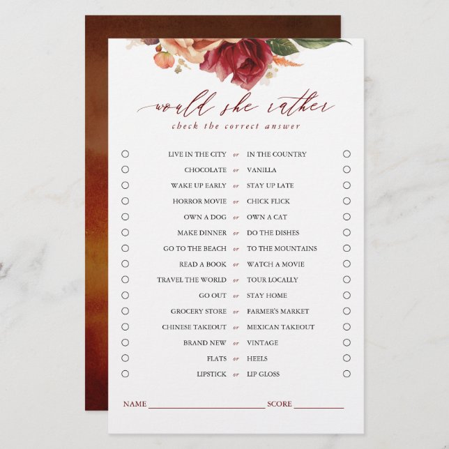 Would She Rather Bridal Game Cards (Front/Back)