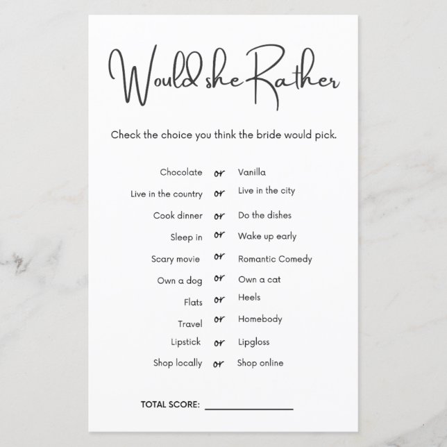 Would she Rather Bridal Shower Game (Front)