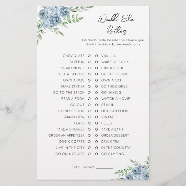 Would She Rather- Bridal Shower Game (Front)