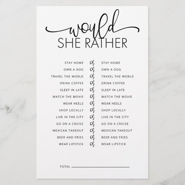 Would She Rather Bridal Shower Game (Front)