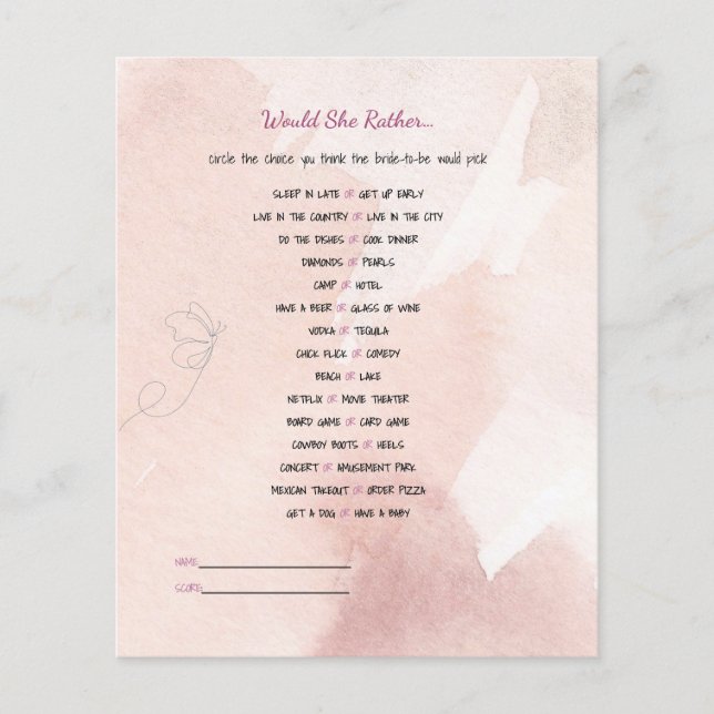 Would She Rather- Bridal Shower Game (Front)