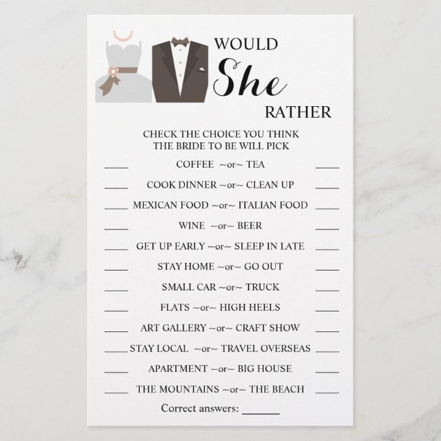 Would She Rather Bridal Shower Game Card Flyer (Front)
