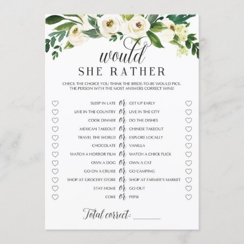 Would She Rather Bridal Shower Game Floral Theme Invitation
