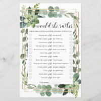 Would she rather bridal shower game green gold