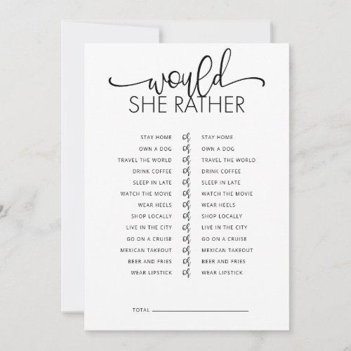 Would She Rather Bridal Shower Game Invitation