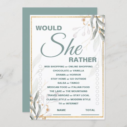Would She Rather Bridal Shower Game Invitation