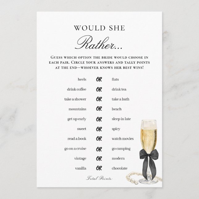Would She Rather Bridal Shower Game Invitation (Front)