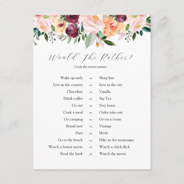 Would She Rather Bridal Shower Game  Postcard (Front)