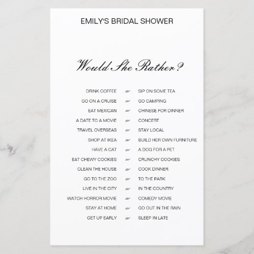 Would She Rather Bridal Shower Game PRINTED