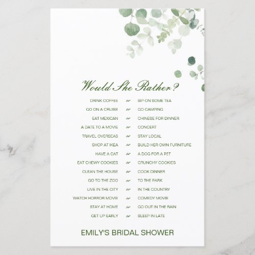 Would She Rather Bridal Shower Game PRINTED