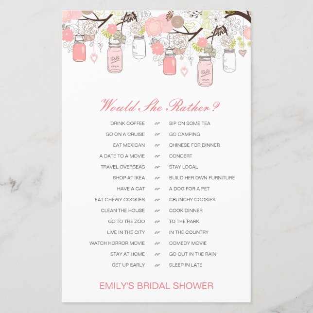Would She Rather Bridal Shower Game PRINTED (Front)