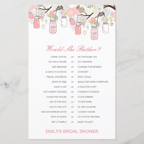 Would She Rather Bridal Shower Game PRINTED