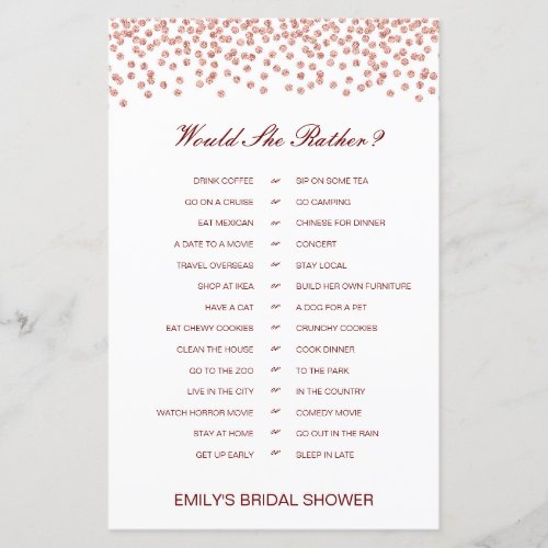 Would She Rather Bridal Shower Game PRINTED