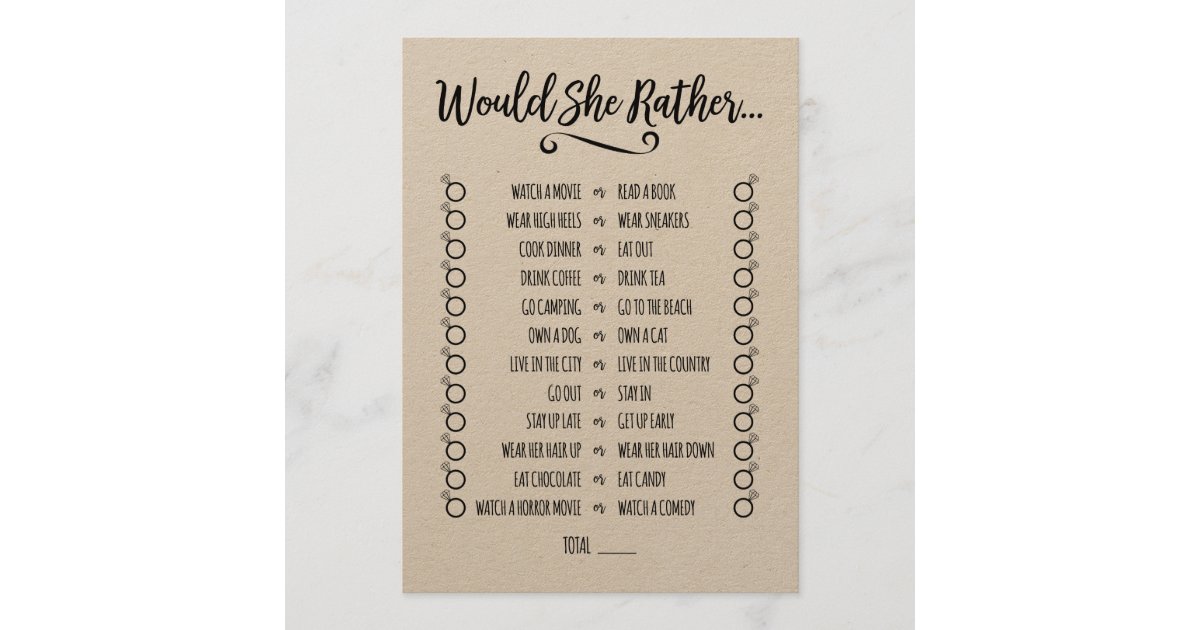 Would She Rather Bridal Shower Game Program Zazzle