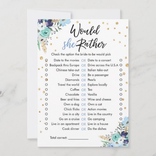 Would She Rather Bridal Shower Game Travel Blue Invitation