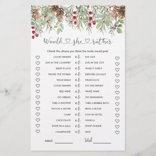 Would She Rather Bridal Shower Game Winter Pine