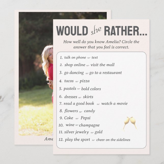 Would She Rather? Bridal Shower Game with Photo Advice Card (Front/Back)