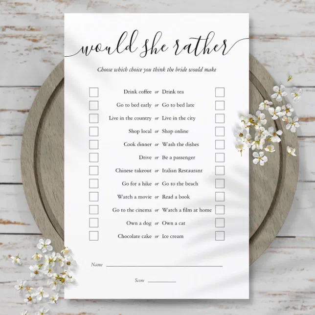 Would She Rather Bridal Shower Tea Party Game | Zazzle