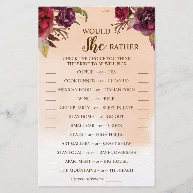 Would She Rather Burgundy Bridal Shower Game Card Flyer (Front)