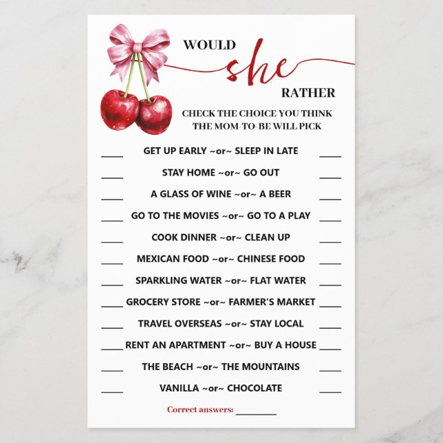Would She Rather Cherry Baby Shower Game Card Flyer (Front)
