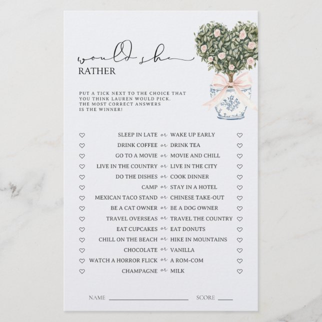 Would She Rather Chinoiserie Pink Shower Game (Front)