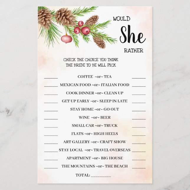 Would She Rather Christmas Bridal Shower Game Card Flyer (Front)