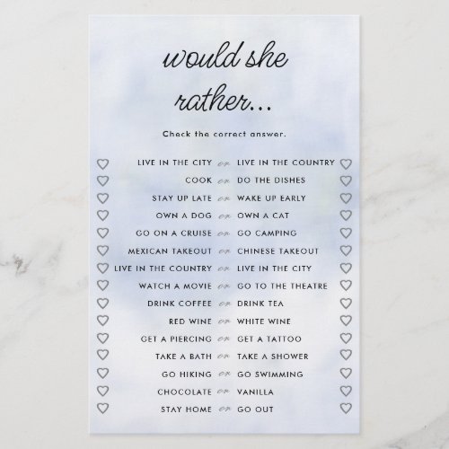 Would She Rather Cloud 9 Blue Bridal Shower Game Flyer