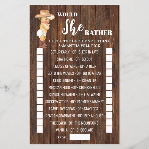 Would She Rather Cowboy Baby Shower Game Card  Flyer