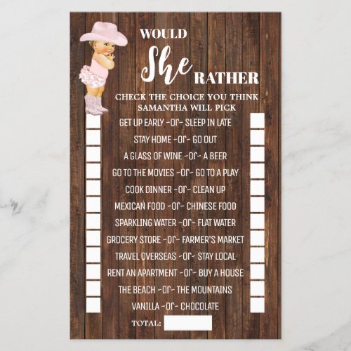 Would She Rather Cowgirl Baby Shower Game Card Flyer