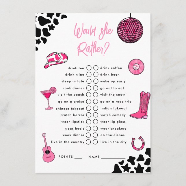 Would She Rather Cowgirl Disco Bachelorette Enclosure Card (Front)