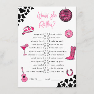 Would She Rather Cowgirl Disco Bachelorette Enclosure Card