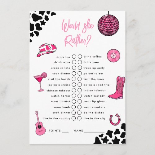 Would She Rather Cowgirl Disco Bachelorette Enclosure Card